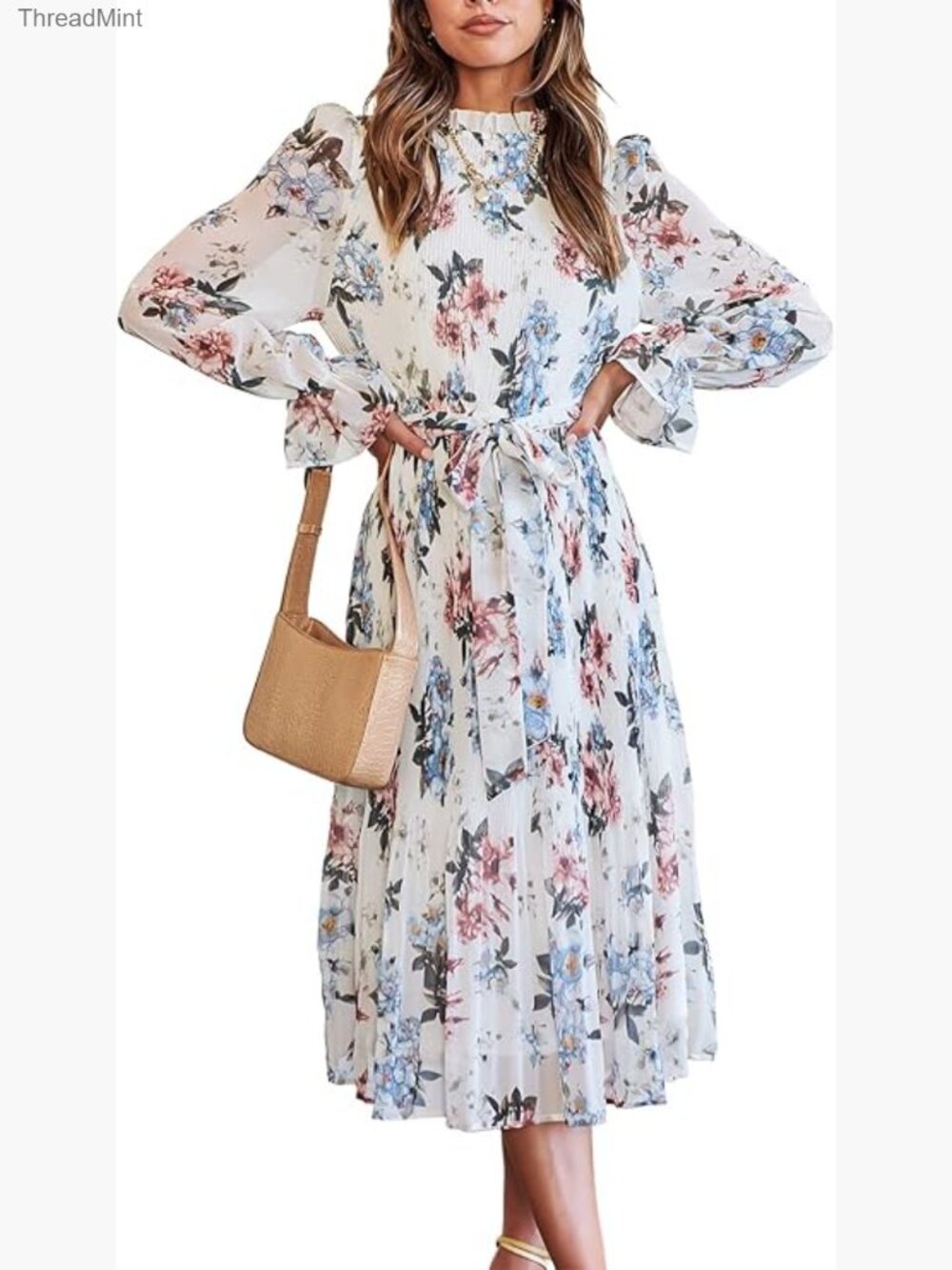 Floral Chiffon Midi Dress Long Sleeve Mock Neck A-Line Wedding Guest Party